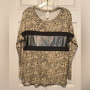 Honeyme Curvy Knit Soft‎ Pullover Shimmer & Animal Print Long Sleeve Top